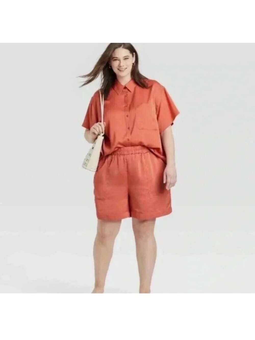 NWOT A New Day 2Pc Set Satin Button Down Oversized Shirt Shorts Orange Sz SMALL